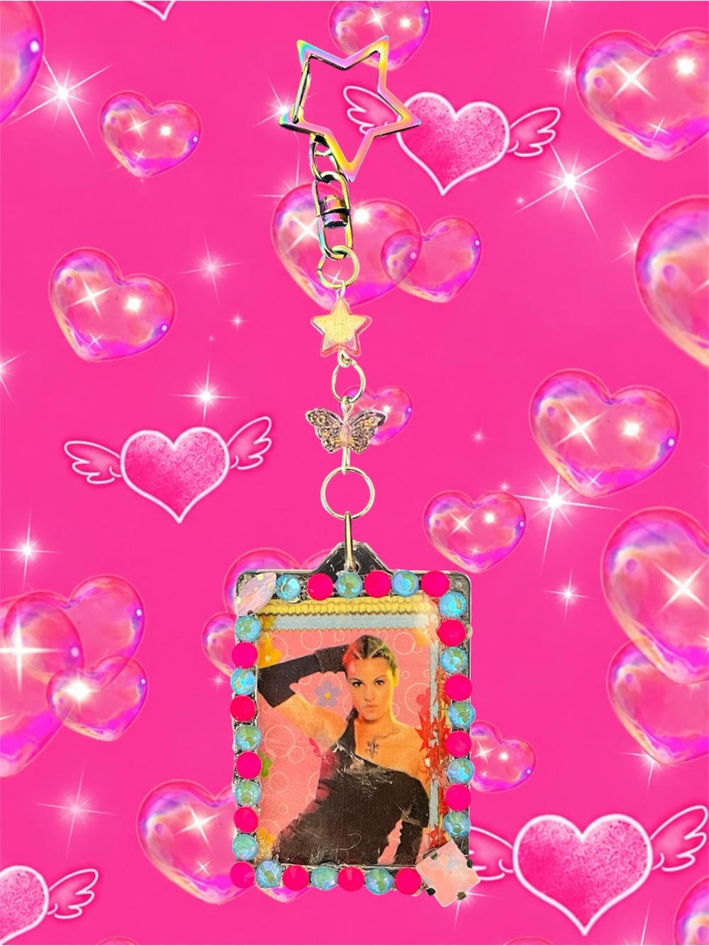 Cute Photo Charm Keychain with Pink Gem Accents rebelde